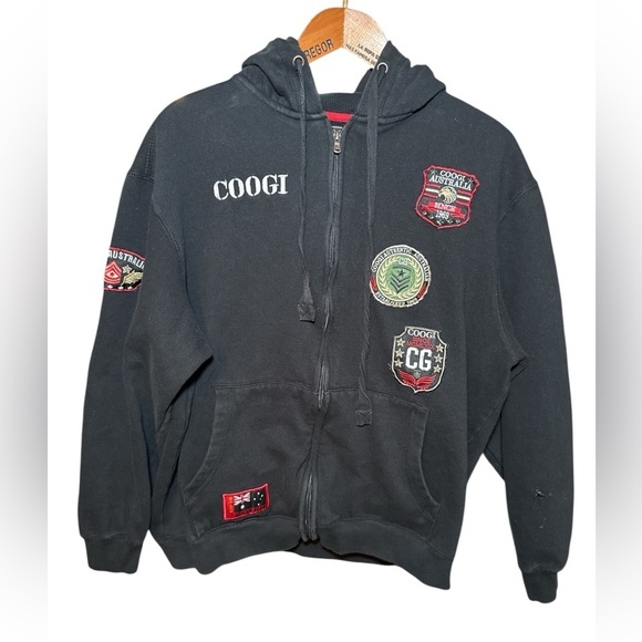 COOGI Other - COOGI Black Zip-Up Hoodie with Embroidered Patches  Size XXL Big Tall